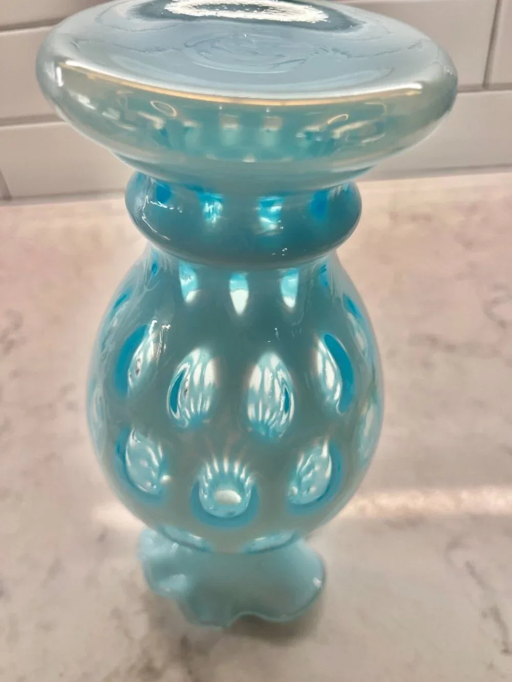 Vintage Fenton Art Glass Pitcher/Ewer in the Coin Dot Blue Opalescent Pattern